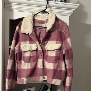 Umgee Pink and Cream Plaid Jacket with Sherpa Collar